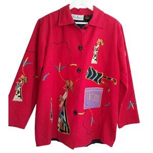 Vintage Patchington Aztec Tribal Embroidered Wearable Art Jacket Red Size M